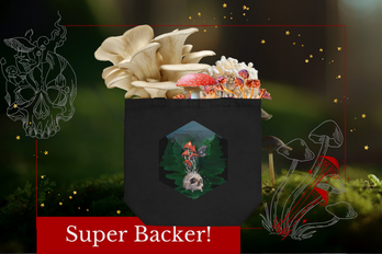 Text: Super Backer Photo is of a black tote bag with a skull and mushroom graphic. Mushrooms and fungi spring from the top of the tote bag to show we will be packing it with prizes for our Super Backers.