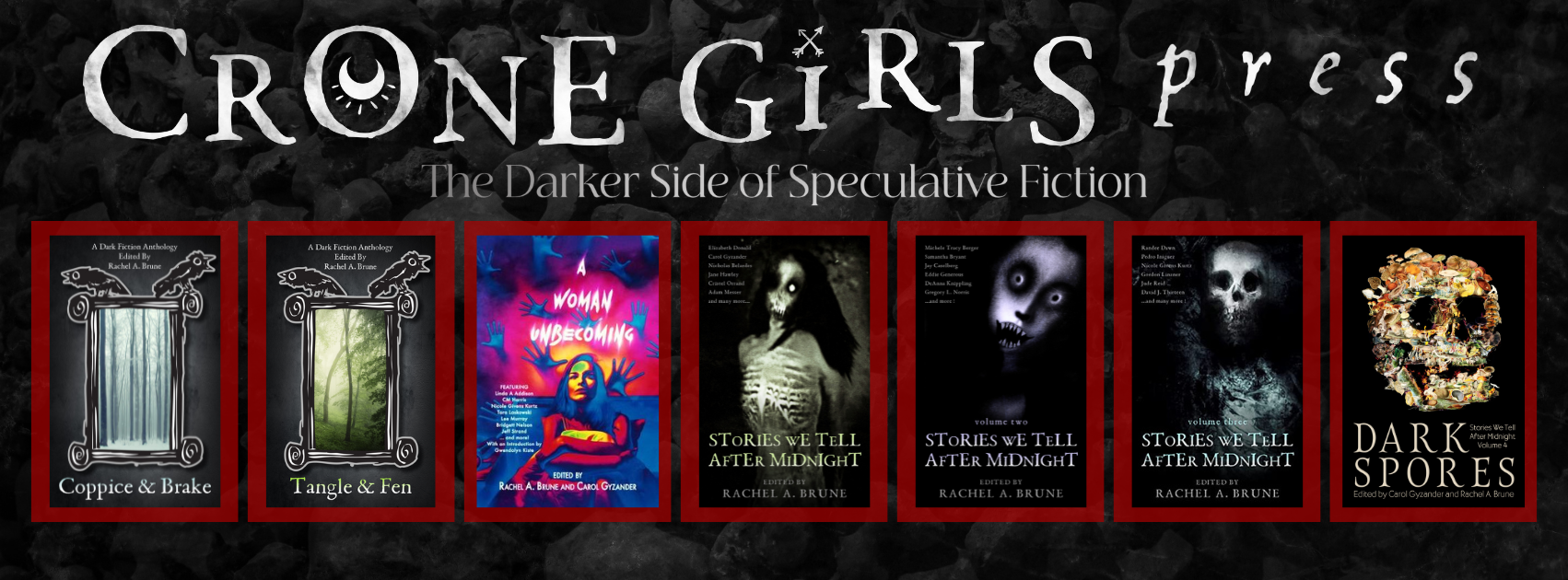 Graphic showing all the Crone Girls Press books and logo